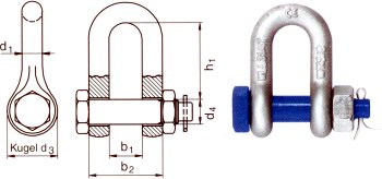 Schäkel, gerade Form, mit überstehendem Bolzen, Mutter und Splint
