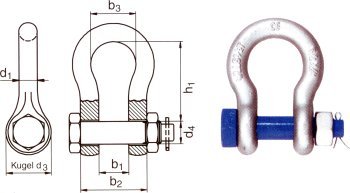 Schäkel, geschweifte Form, mit überstehendem Bolzen, Mutter und Splint