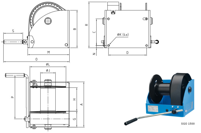 Maßskizze der Handwinde Typ SW-W-SGO